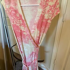 Pink and Cream Floral Wrap Dress with cap sleeves- stretchable- used